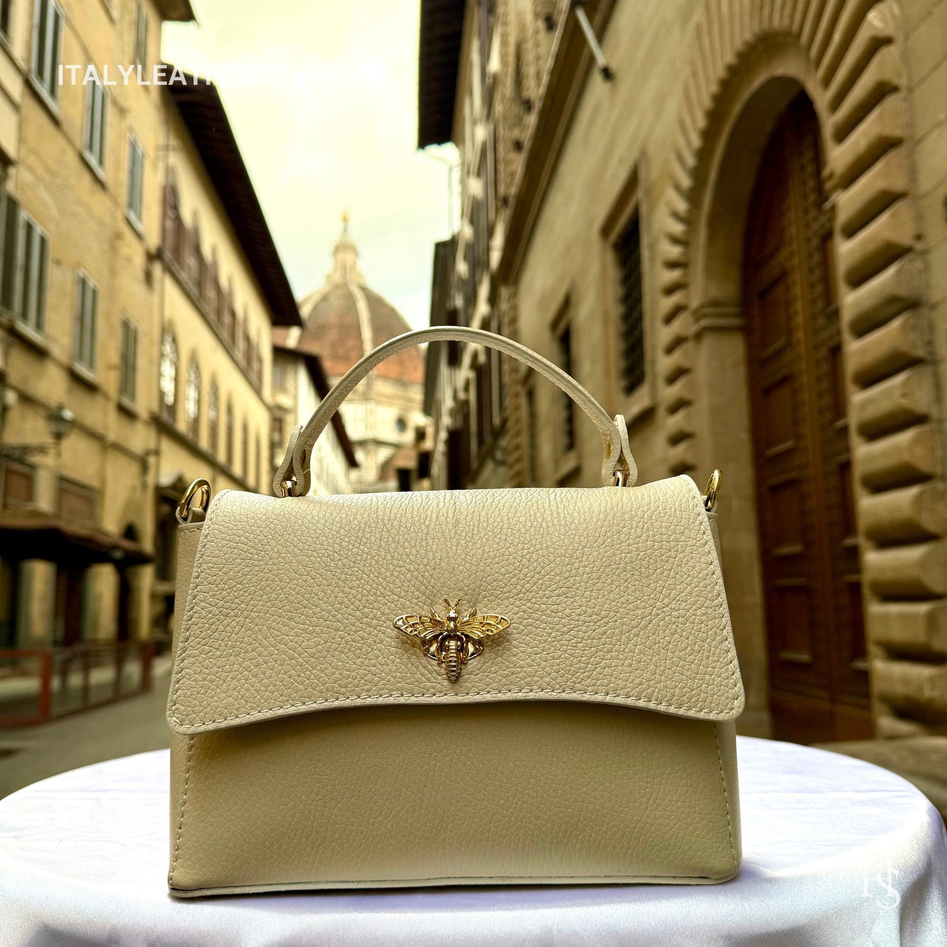 Italian Handmade Leather Bags for Women | Elegant Leather Tote from Florence with Bee-Shaped Accessory Clasp Closure