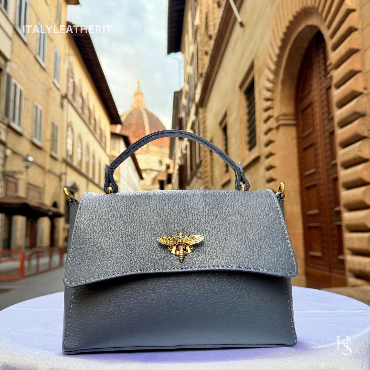 Italian Handmade Leather Bags for Women | Elegant Leather Tote from Florence with Bee-Shaped Accessory Clasp Closure
