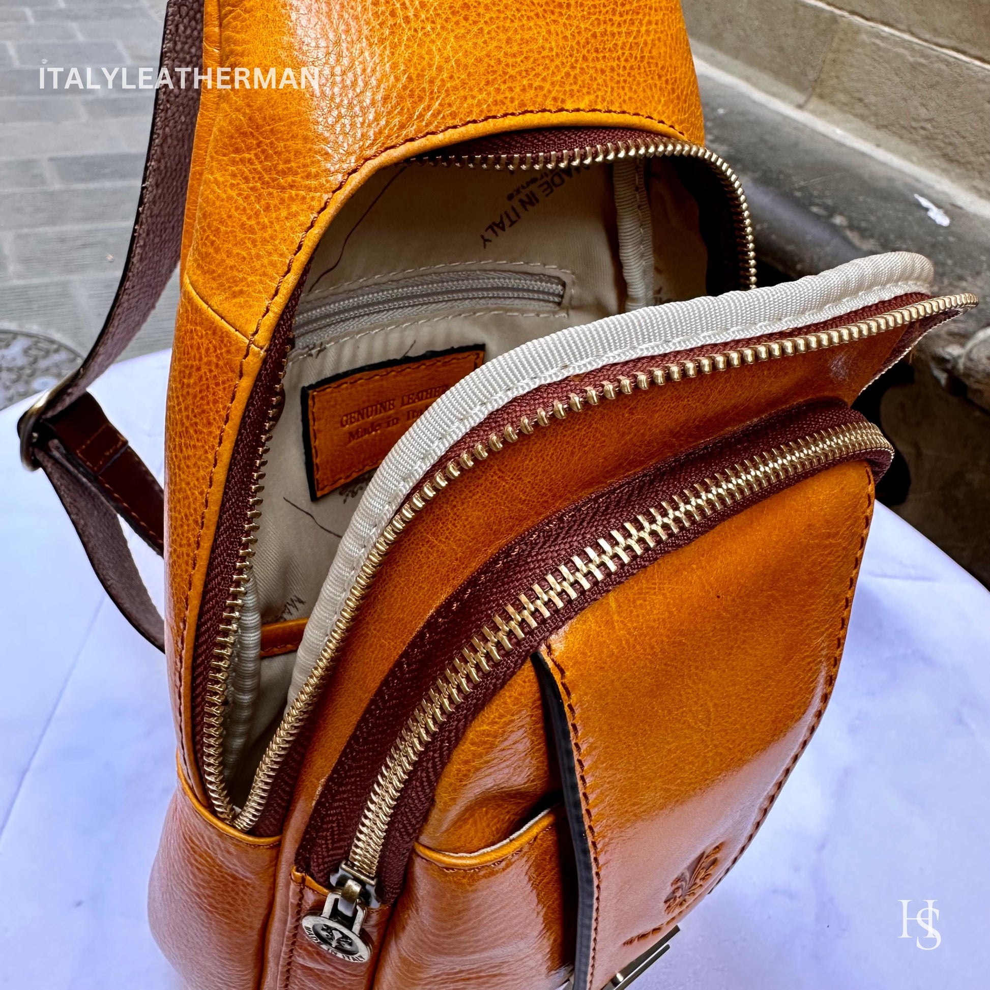 Italian Handmade Leather Sling Bag for Unisex Made In Italy from Florence | Waist Bag