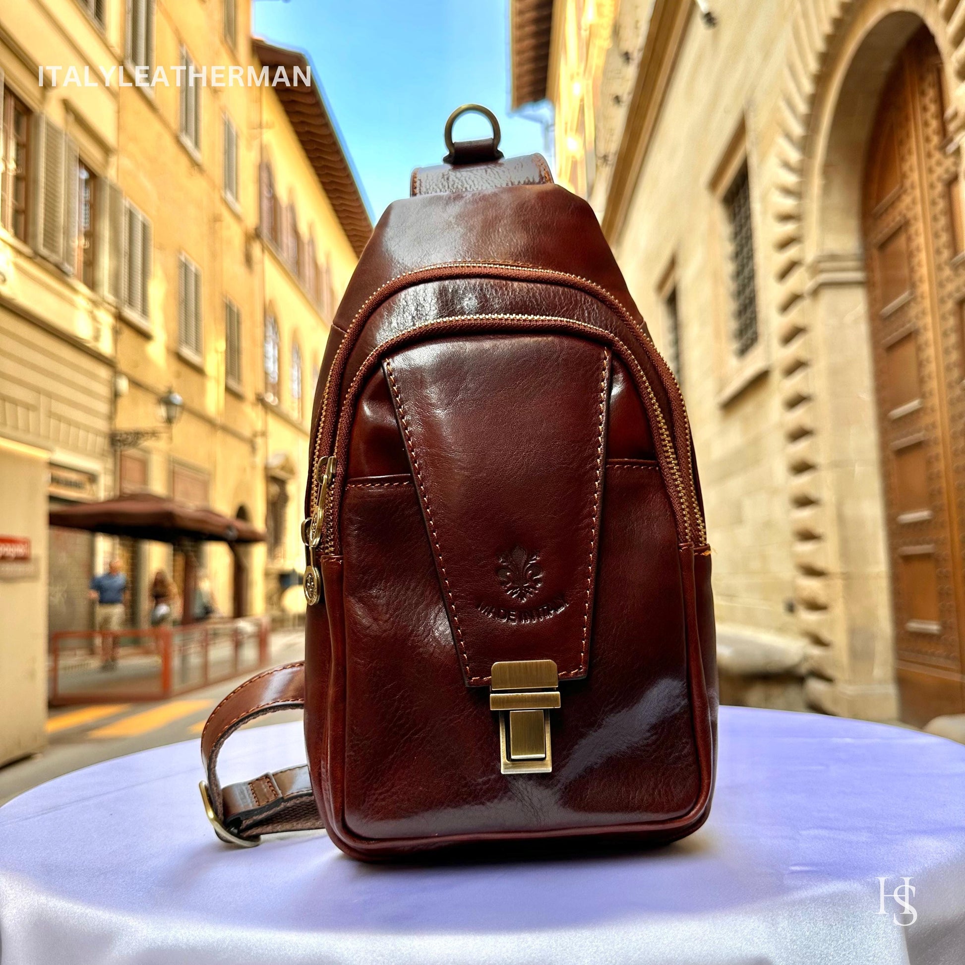 Italian Handmade Leather Sling Bag for Unisex Made In Italy from Florence | Waist Bag, perfect gift