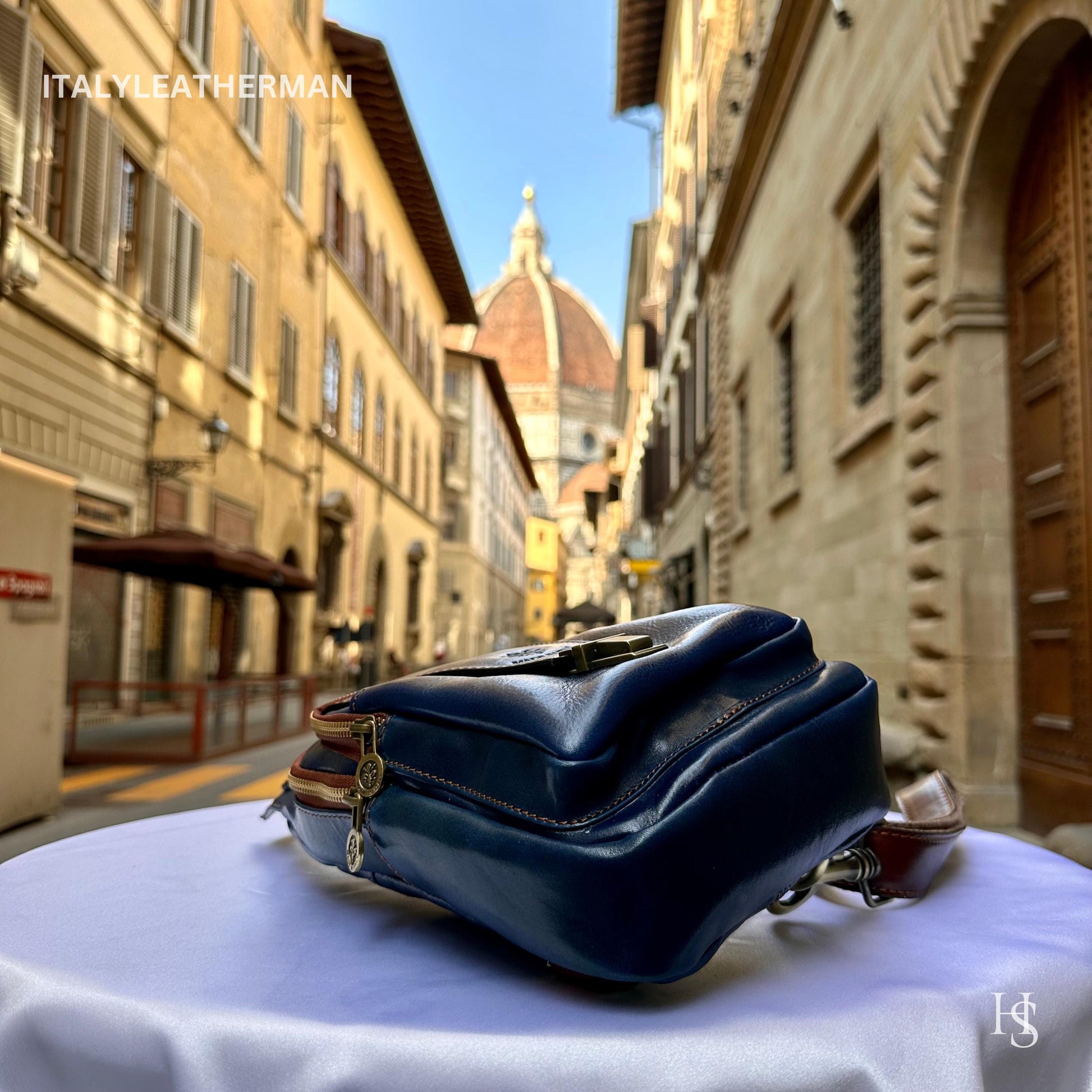 Italian Handmade Leather Sling Bag for Unisex Made In Italy from Florence | Waist Bag, Navy blue