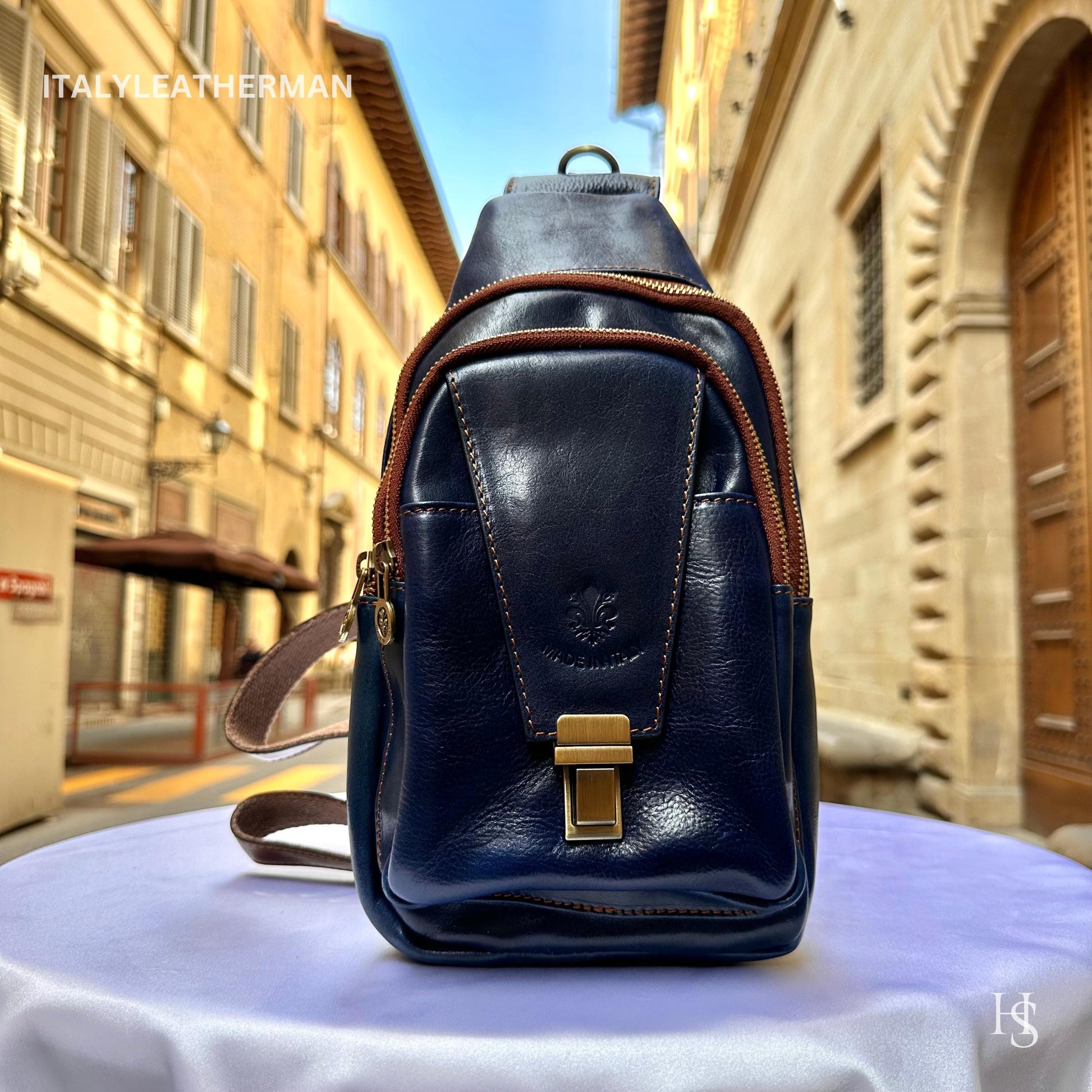 Italian Handmade Leather Sling Bag for Unisex Made In Italy from Florence | Waist Bag, Navy blue