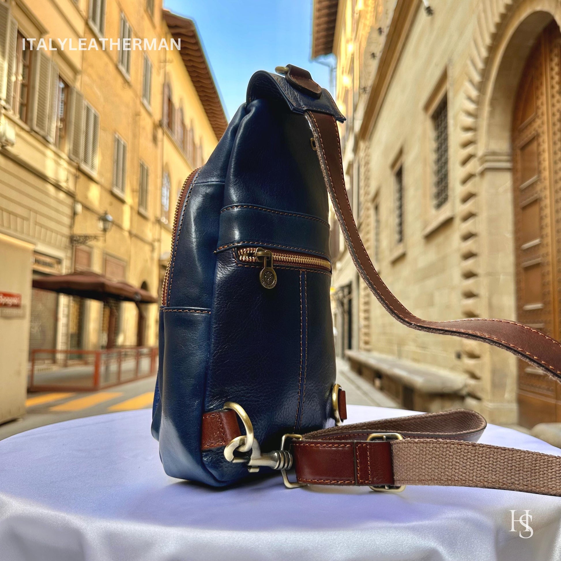 Italian Handmade Leather Sling Bag for Unisex Made In Italy from Florence | Waist Bag, Navy blue