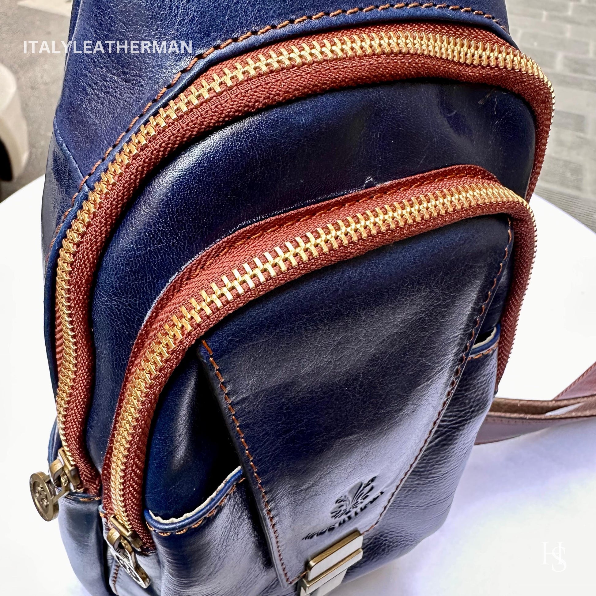 Italian Handmade Leather Sling Bag for Unisex Made In Italy from Florence | Waist Bag, Navy blue