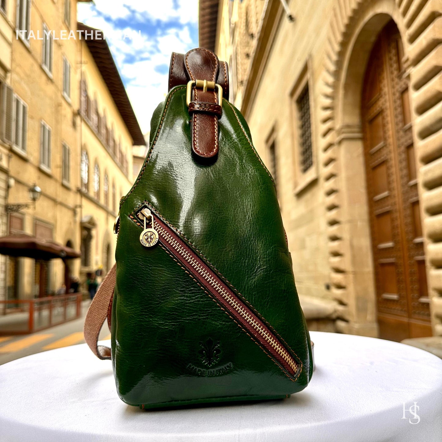 Italian Handmade Leather Sling Bags for Unisex – Green-Brown Chest Bag, Waist Bag, Leather Fanny Pack, perfect gift for him