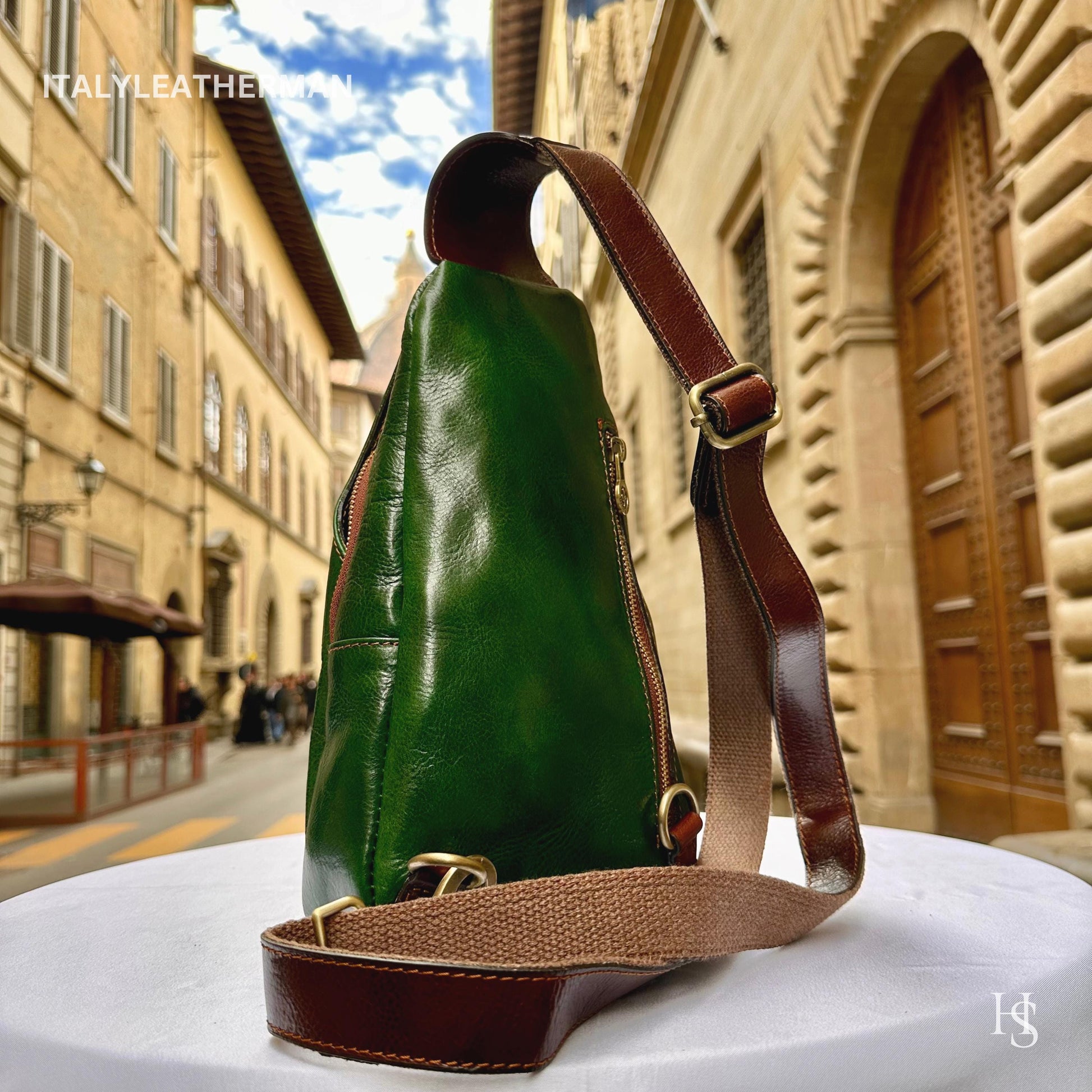 Italian Handmade Leather Sling Bags for Unisex – Green-Brown Chest Bag, Waist Bag, Leather Fanny Pack, perfect gift for him