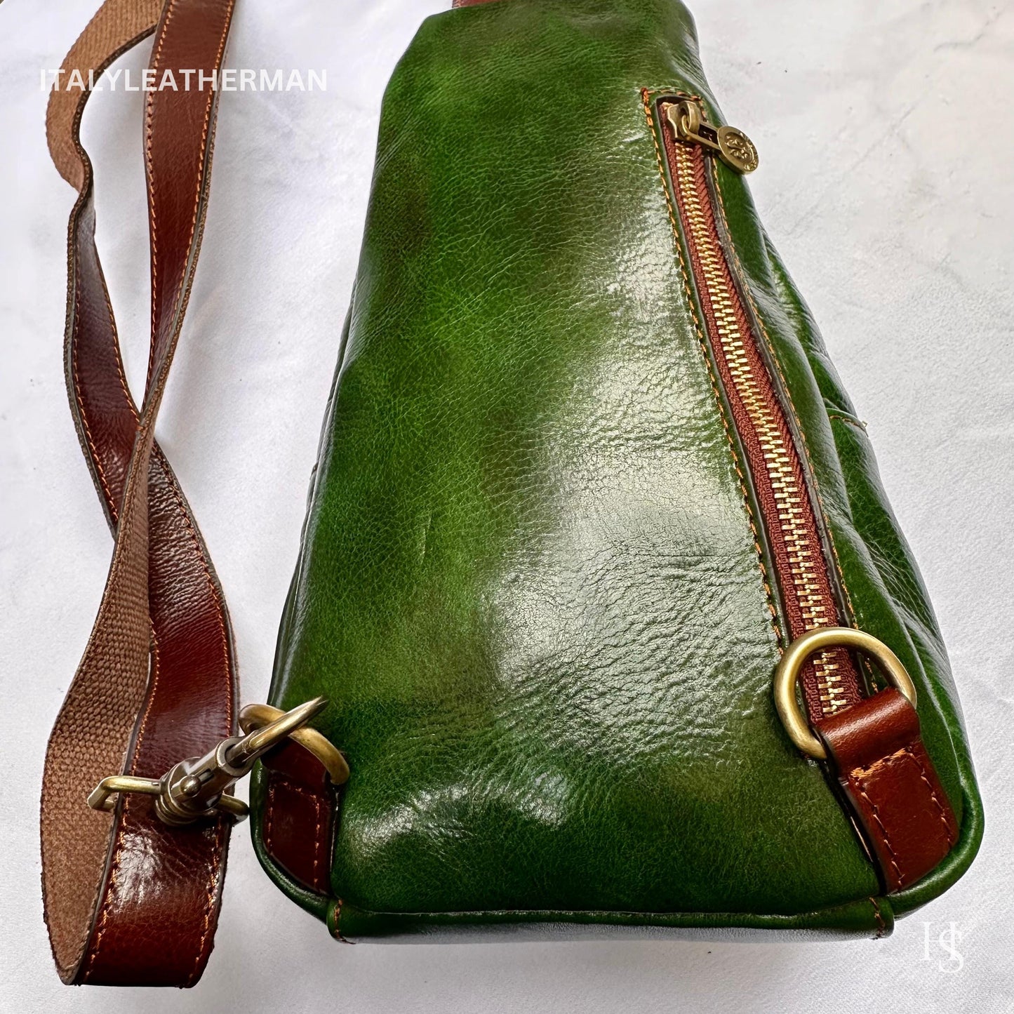 Italian Handmade Leather Sling Bags for Unisex – Green-Brown Chest Bag, Waist Bag, Leather Fanny Pack, perfect gift for him