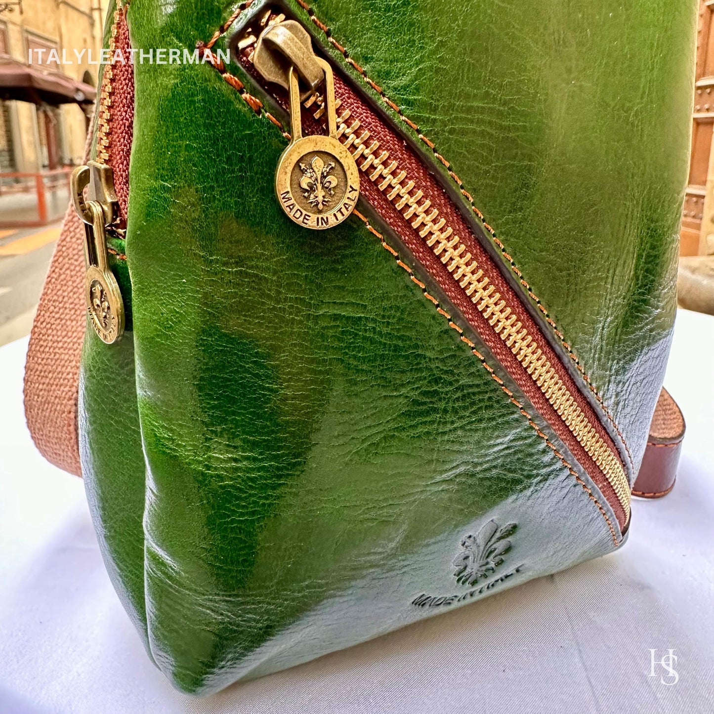 Italian Handmade Leather Sling Bags for Unisex – Green-Brown Chest Bag, Waist Bag, Leather Fanny Pack, perfect gift for him