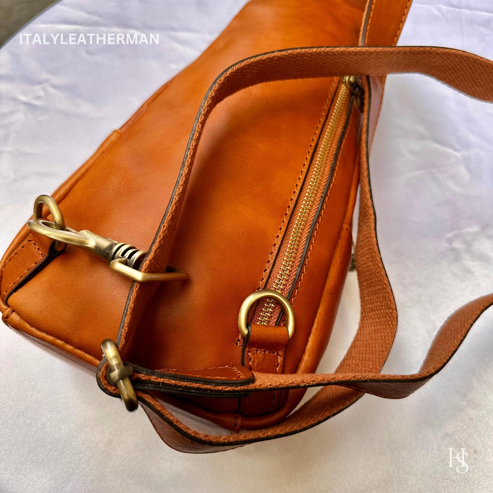 Italian Handmade Leather Sling Bags for Unisex – Cognac Color Waist Bag, Leather Fanny Pack, cognac bag