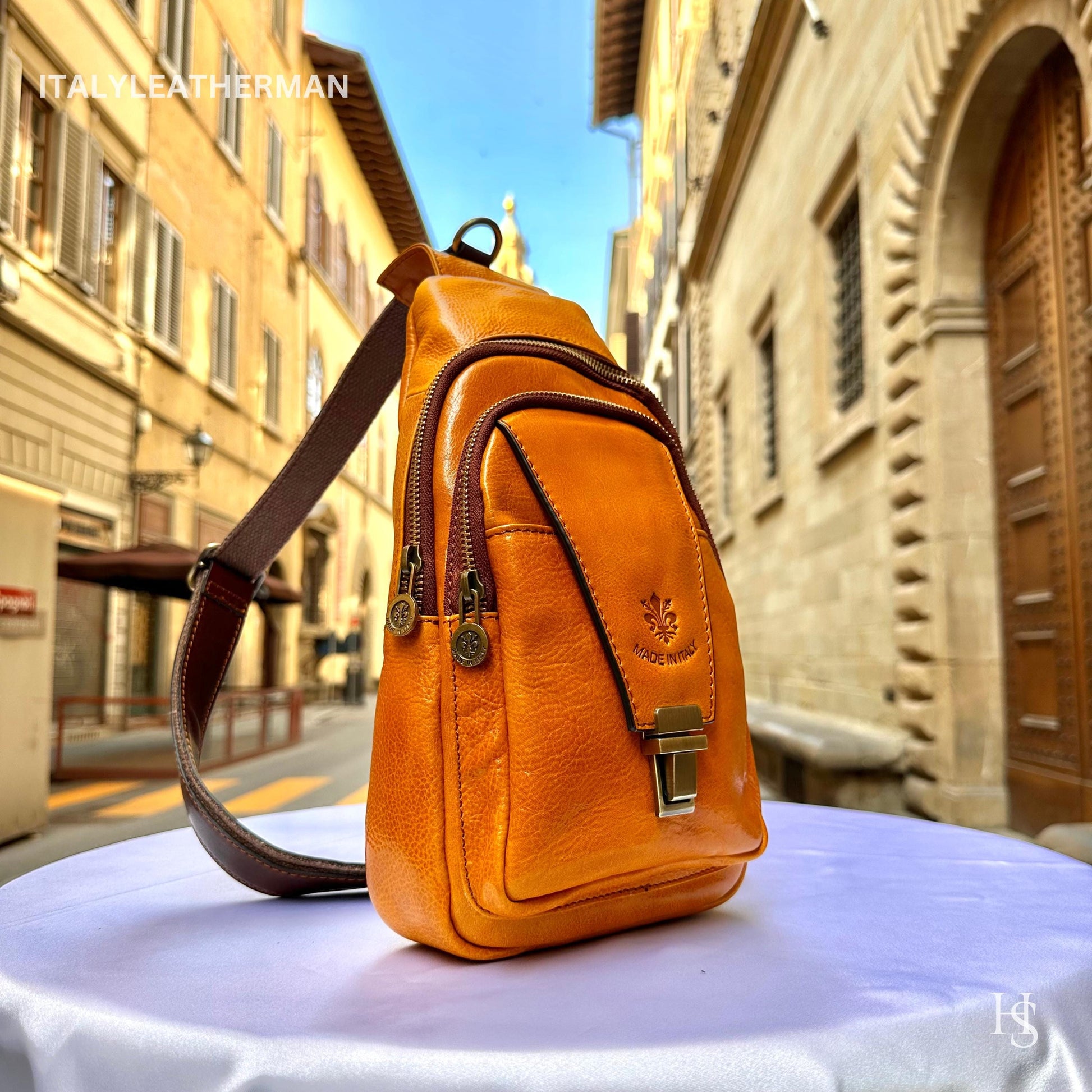 Italian Handmade Leather Sling Bag for Unisex Made In Italy from Florence | Waist Bag