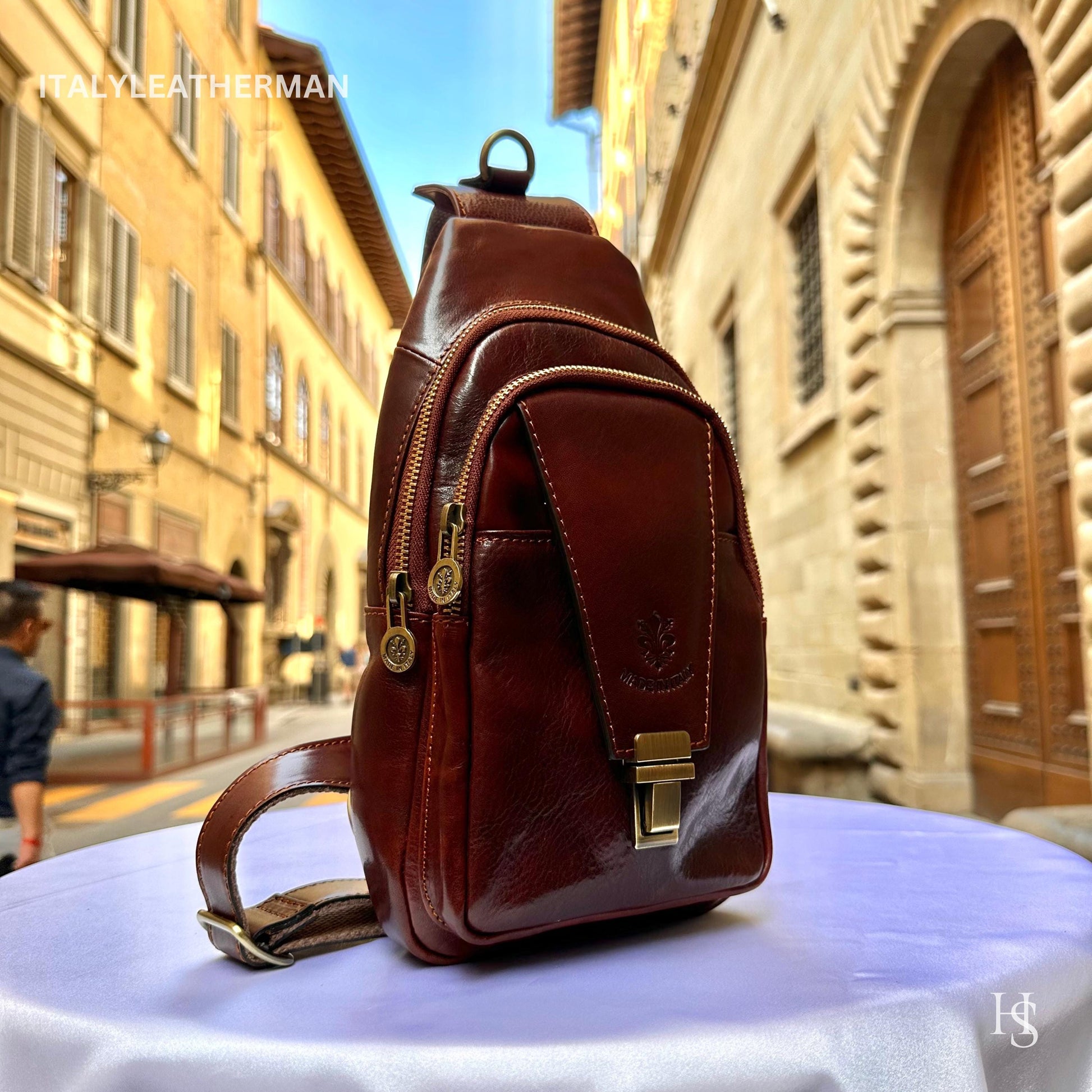 Italian Handmade Leather Sling Bag for Unisex Made In Italy from Florence | Waist Bag, perfect gift