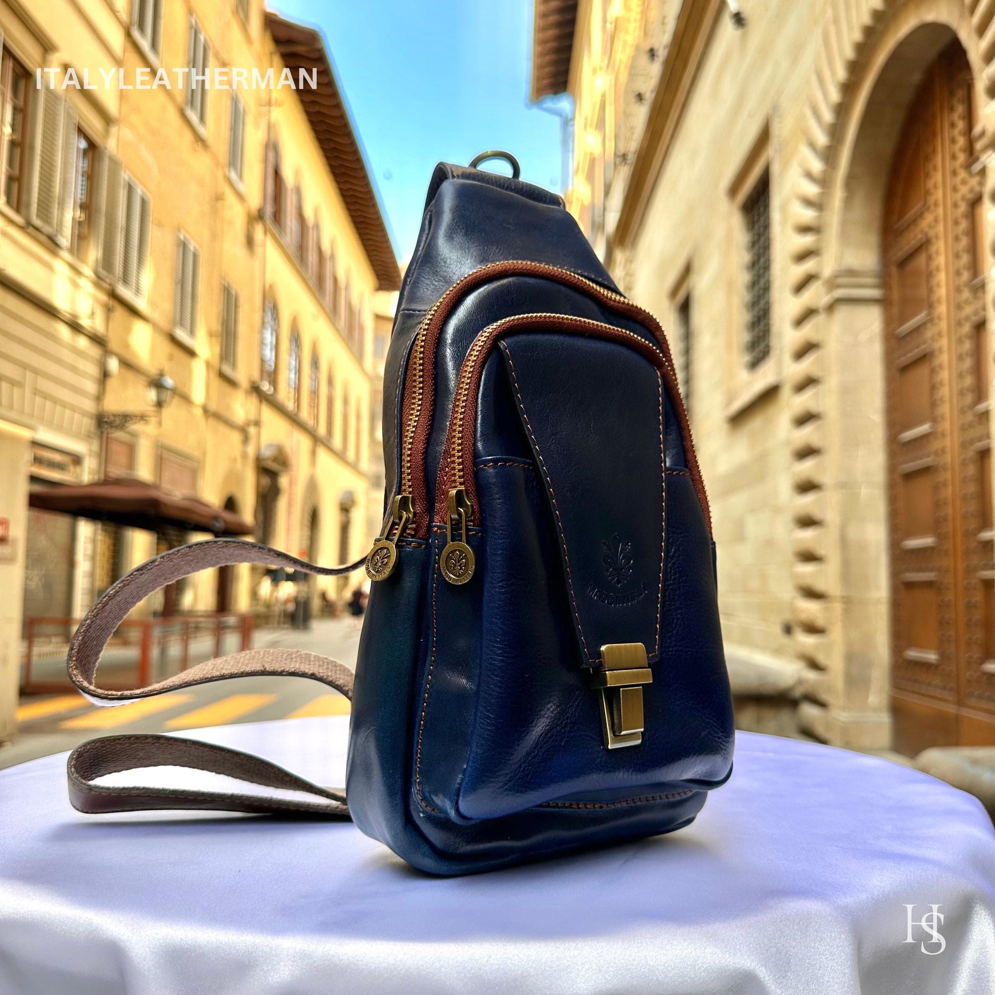 Italian Handmade Leather Sling Bag for Unisex Made In Italy from Florence | Waist Bag, Navy blue