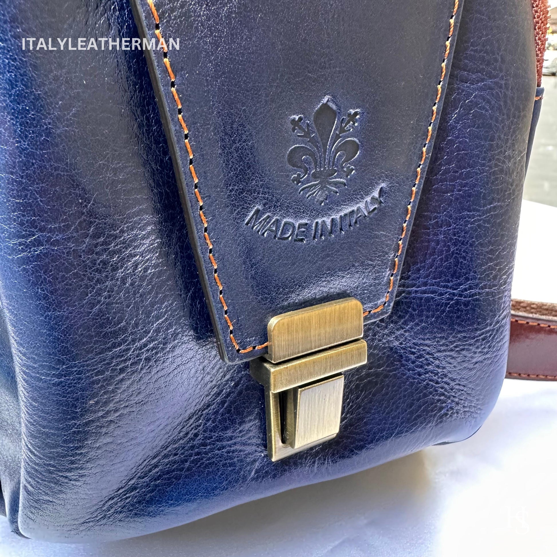 Italian Handmade Leather Sling Bag for Unisex Made In Italy from Florence | Waist Bag, Navy blue