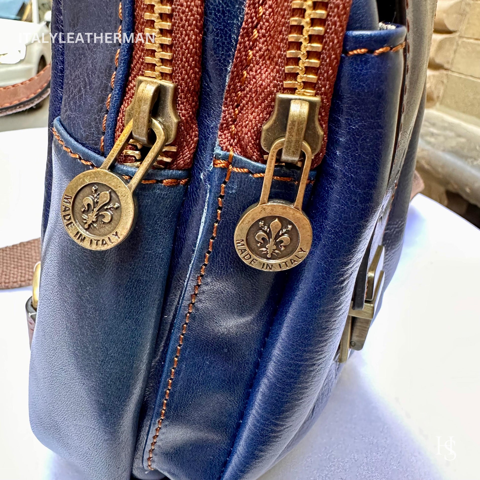 Italian Handmade Leather Sling Bag for Unisex Made In Italy from Florence | Waist Bag, Navy blue