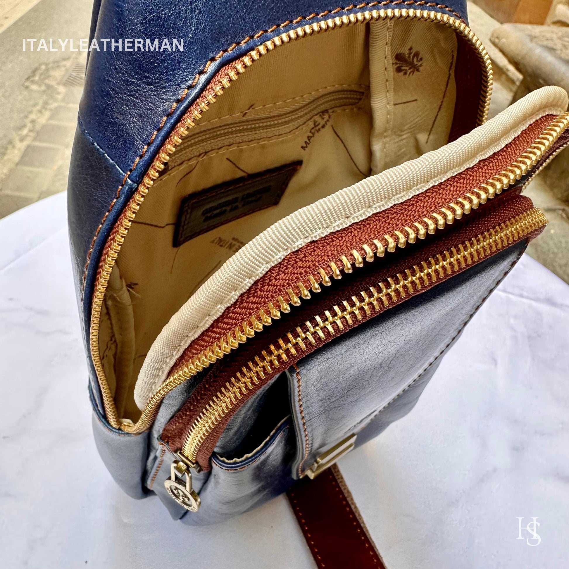 Italian Handmade Leather Sling Bag for Unisex Made In Italy from Florence | Waist Bag, Navy blue