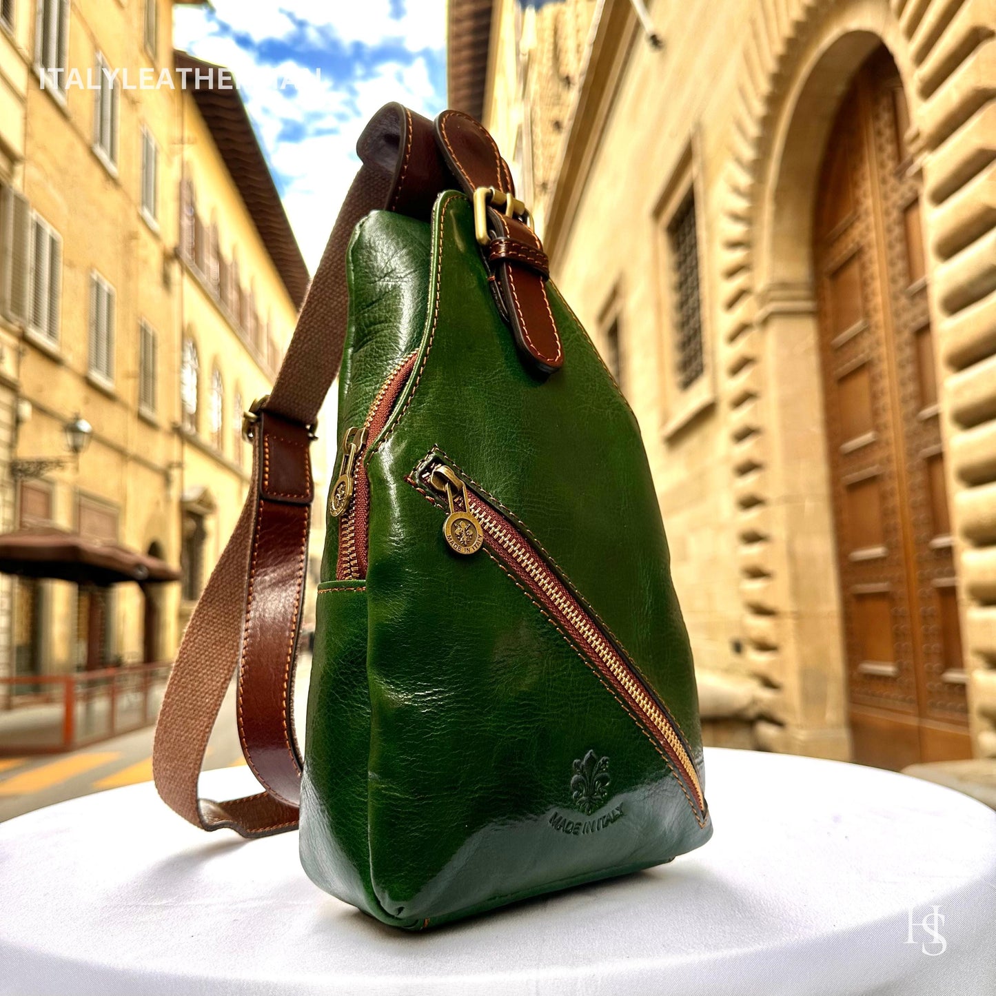 Italian Handmade Leather Sling Bags for Unisex – Green-Brown Chest Bag, Waist Bag, Leather Fanny Pack, perfect gift for him