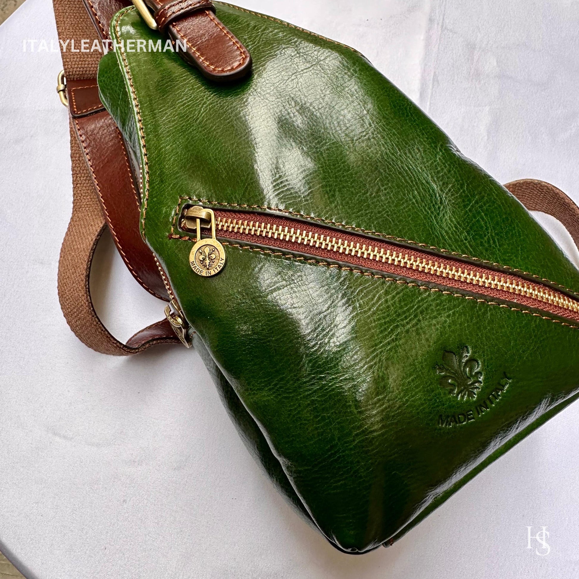 Italian Handmade Leather Sling Bags for Unisex – Green-Brown Chest Bag, Waist Bag, Leather Fanny Pack, perfect gift for him