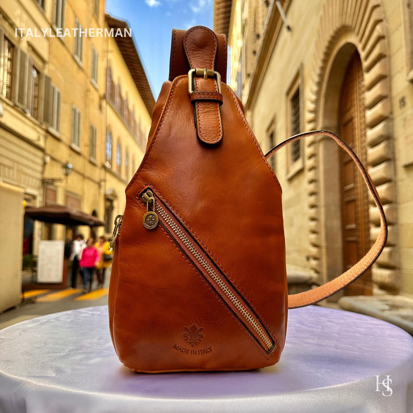 Italian Handmade Leather Sling Bags for Unisex – Cognac Color Waist Bag, Leather Fanny Pack, cognac bag
