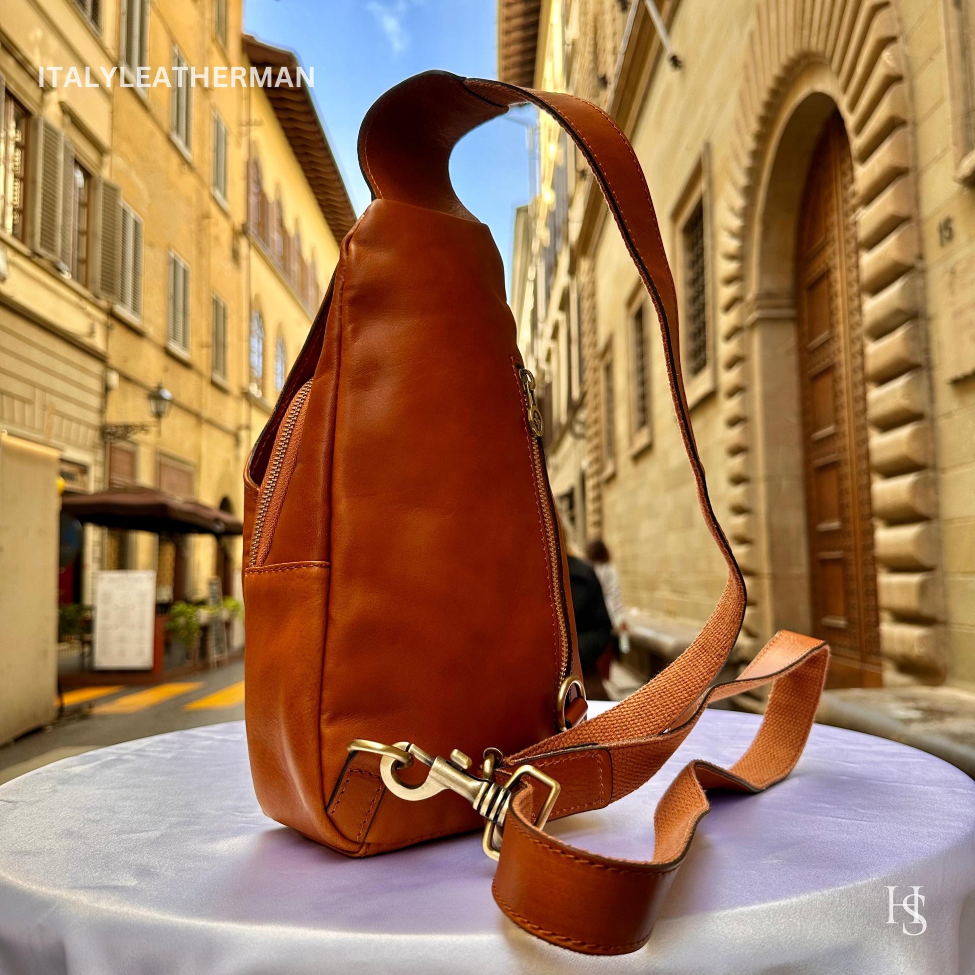 Italian Handmade Leather Sling Bags for Unisex – Cognac Color Waist Bag, Leather Fanny Pack, cognac bag