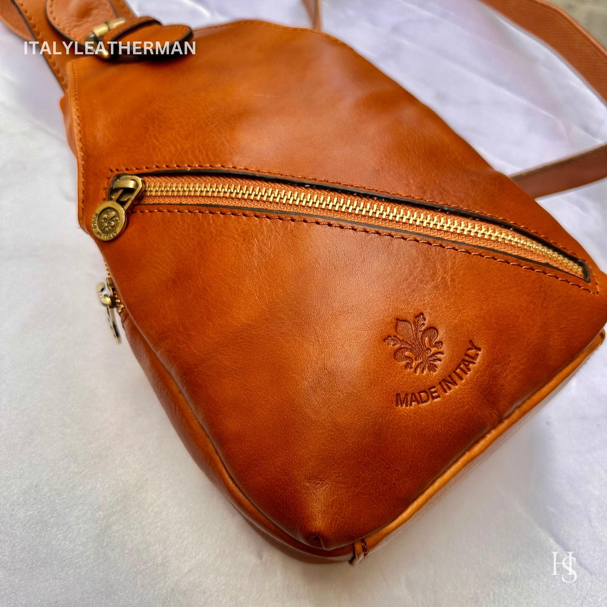 Italian Handmade Leather Sling Bags for Unisex – Cognac Color Waist Bag, Leather Fanny Pack, cognac bag