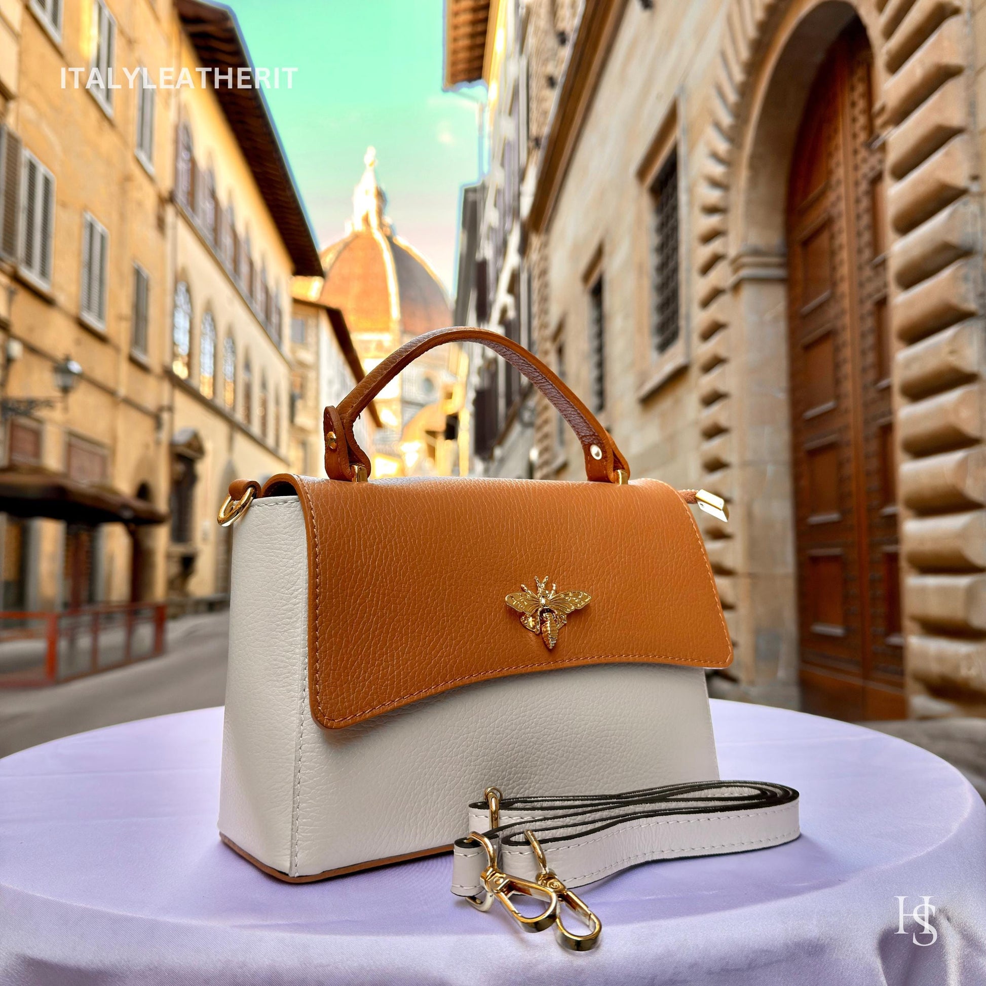 Italian Handmade Leather Bags for Women | Elegant Leather Tote from Florence with Bee-Shaped Accessory Clasp Closure