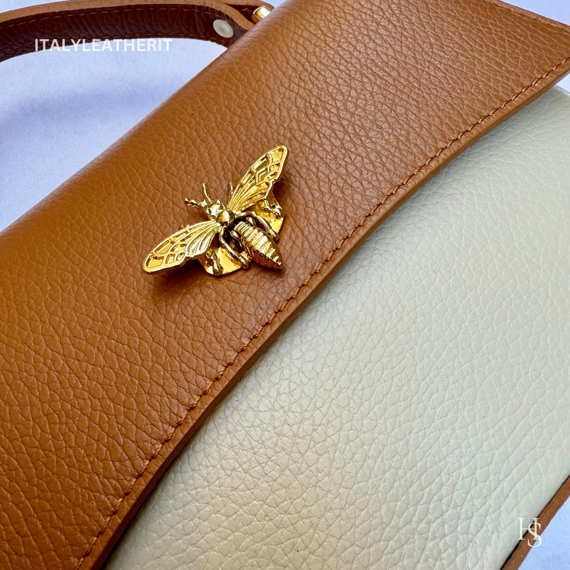 Italian Handmade Leather Bags for Women | Elegant Leather Tote from Florence with Bee-Shaped Accessory Clasp Closure