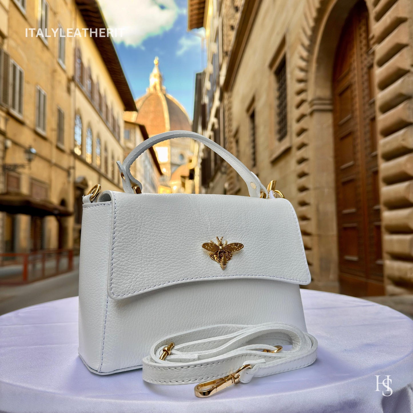 Italian Handmade Leather Bags for Women | Elegant Leather Tote from Florence with Bee-Shaped Accessory Clasp Closure
