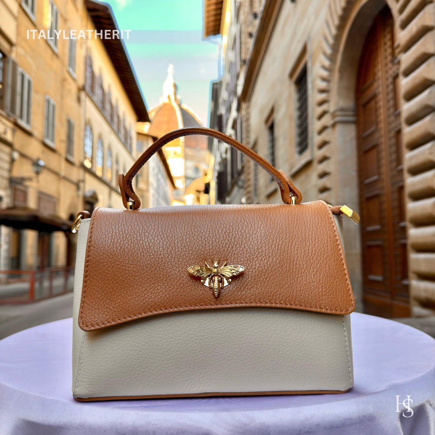 Italian Handmade Leather Bags for Women | Elegant Leather Tote from Florence with Bee-Shaped Accessory Clasp Closure