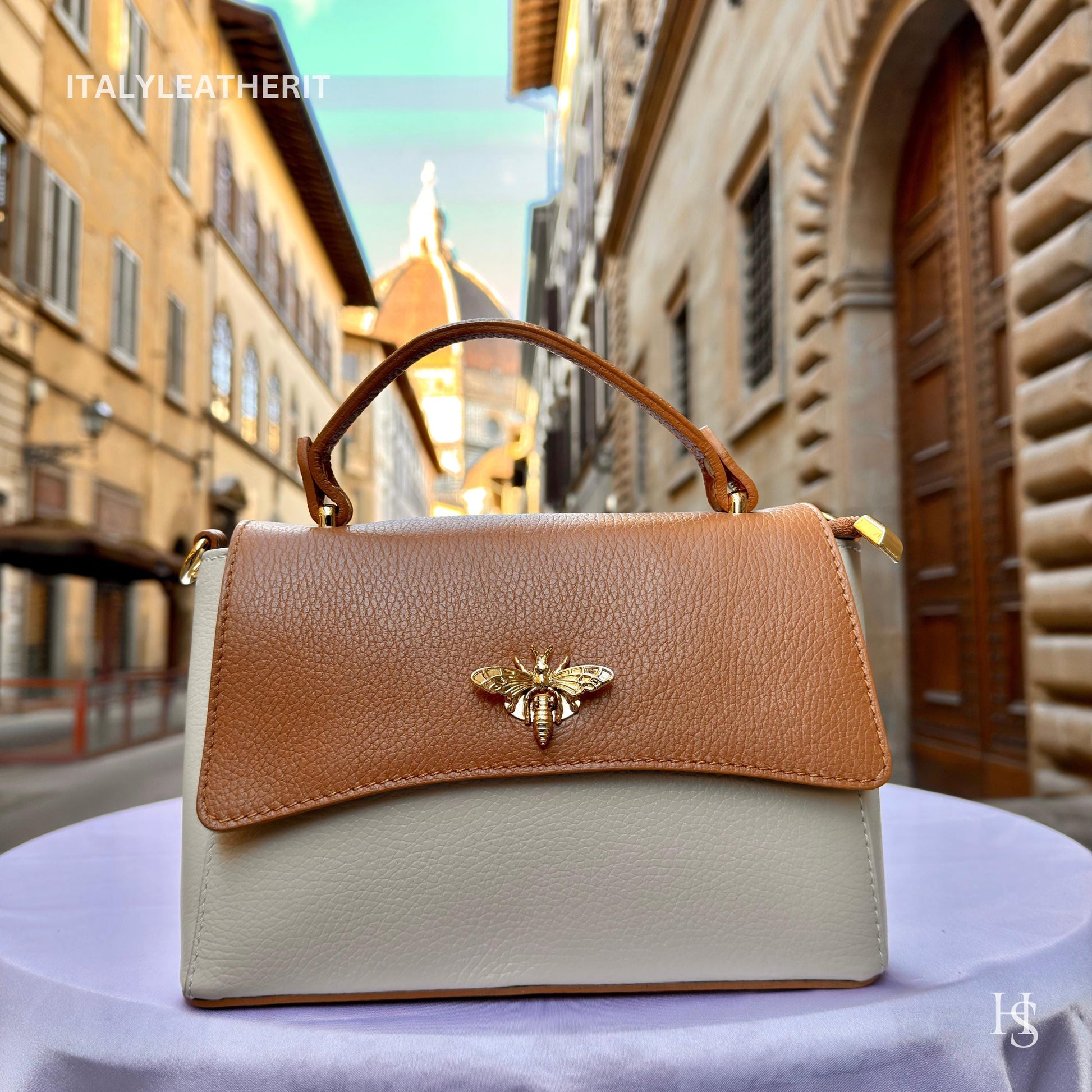 Italian Handmade Leather Bags for Women | Elegant Leather Tote from Florence with Bee-Shaped Accessory Clasp Closure