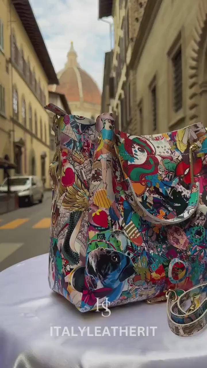 Italian Handmade Leather Bags For Woman l l Elegant Leather Tote From Florence, Italy, Leather Pop Art Bag