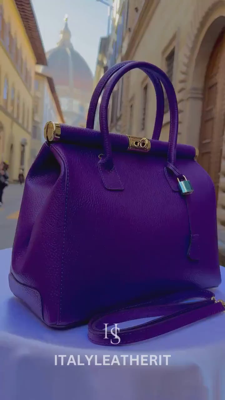Italian Handmade Leather Bags For Woman l l Elegant Leather Tote From Florence, Purple bag, Lock bag