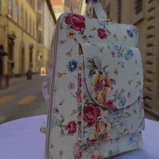 Italian Unisex Handmade Tuscan Leather Backpack From Florence, Made In Italy, Computer bag, flower backpack