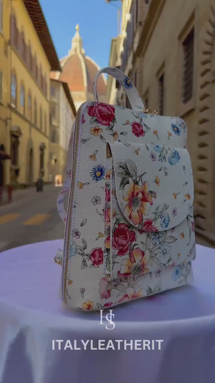 Italian Unisex Handmade Tuscan Leather Backpack From Florence, Made In Italy, Computer bag, flower backpack