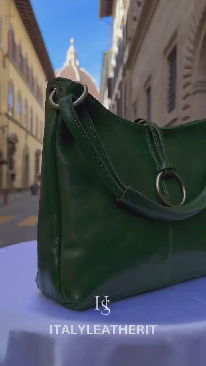 Italian Handmade Leather Bags For Women l l Elegant Leather Tote From Florence, Made in Italy, green shoulder bag